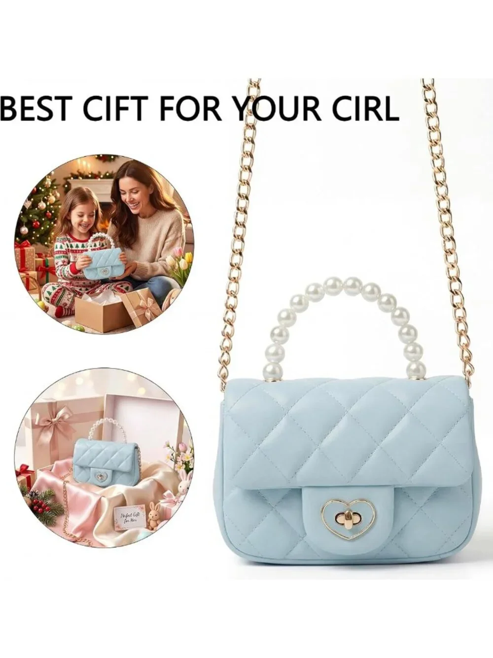 Girls' Pearl Handle Crossbody Purse - Princess Heart Lock Shoulder Bag Fits